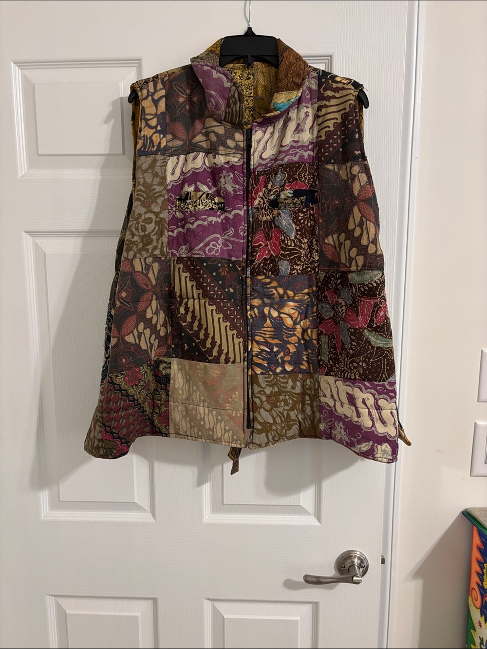 Patchwork Quilted Vest in Purple, Brown & Green Tones. Reversible